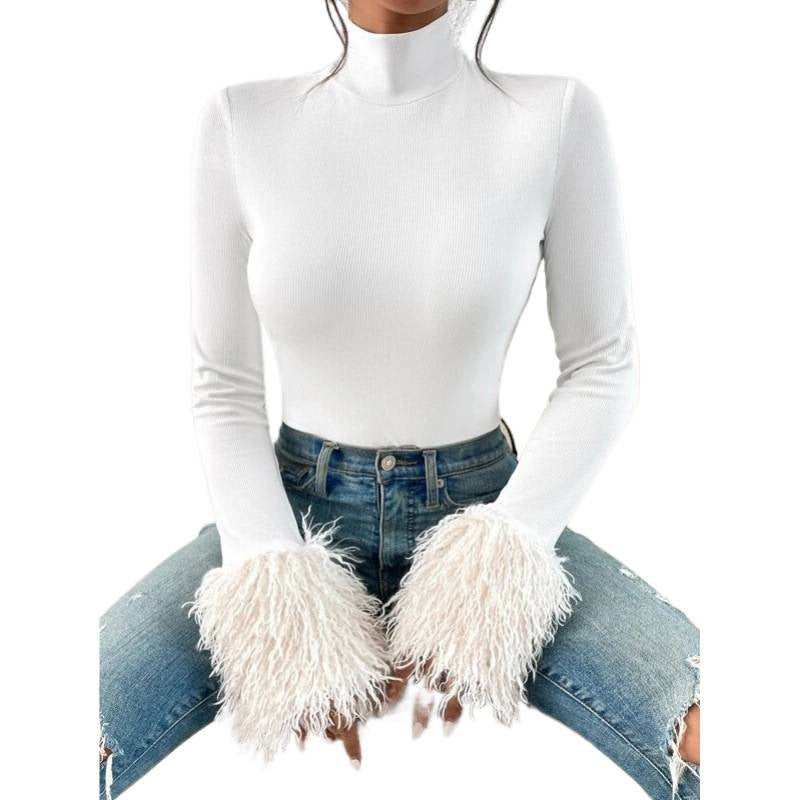 Shipped: women's turtleneck long sleeve bodysuit - ribbed knit with plush cuffs, slim fit autumn/winter top