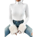 Shipped: women's turtleneck long sleeve bodysuit - ribbed knit with plush cuffs, slim fit autumn/winter top