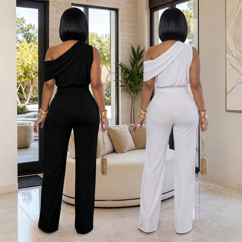 C7718 cross-border   fashion women's elegant one-shoulder belted solid color jumpsuit