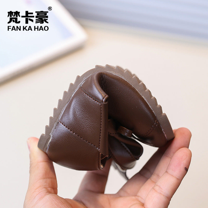 Tk ballet-style leather boots: new  korean edition girls' bow-tie princess shoes, kids' casual versatile ankle boots, trendy style