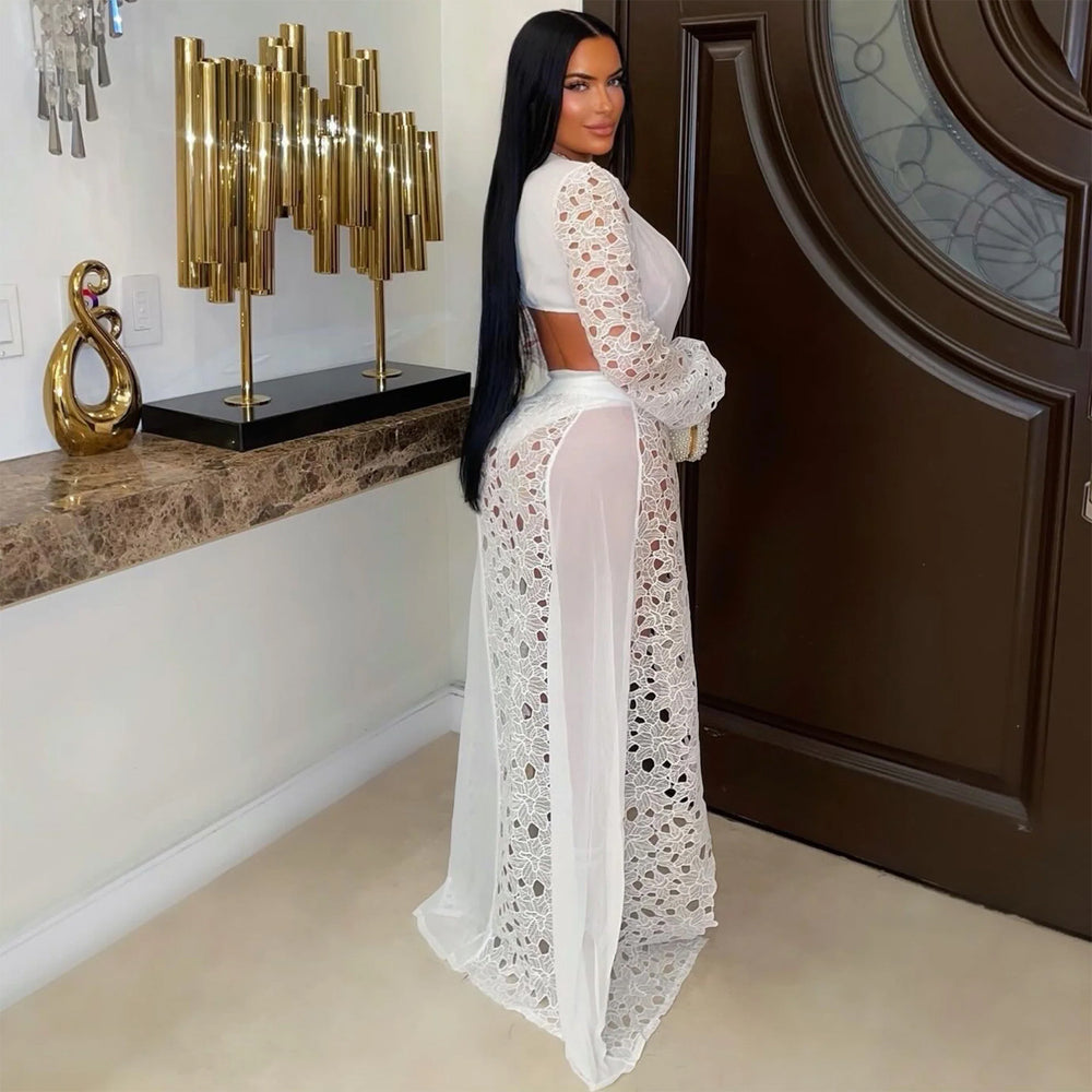 C7707 cross-border   fashion women's sexy mesh lace deep v slit dress