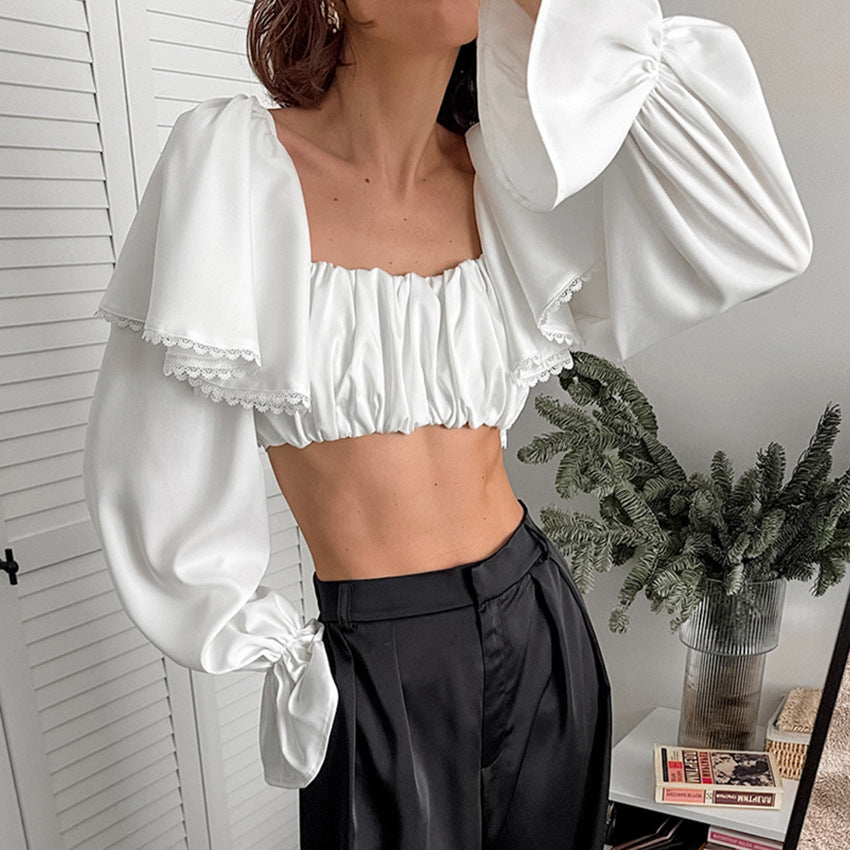 European and American fashion white exposed navel Spice Girl top women's short 2025 summer niche splicing ruffle edge pullover shirt