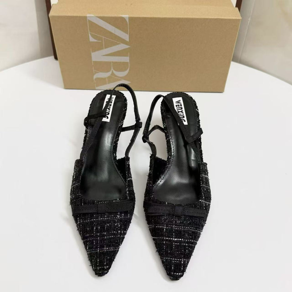Za2026springnew arrival women's shoes french tweed style high heels women's toe sandals pointed toe socialite elegantflats