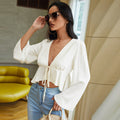 fall/winter european and american sexy hot girl style solid color collar flared sleeve loose fit cropped knit long sleeve t-shirt