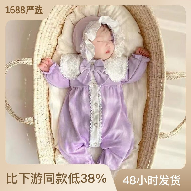 Baby spring & fall lightweight romper: stylish princess-style long-sleeve bodysuit for baby girls, perfect for outdoor wear, full month celebration, first birthday, and crawling