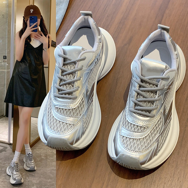 European chunky platform silver dad shoes 2025 new fashion versatile summer mesh breathable women's athletic trendy sneakers