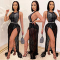 C3710 cross-border new arrival: fashionable european and american nightclub style rhinestone and sequin mesh sexy tassel two-piece dress set for women