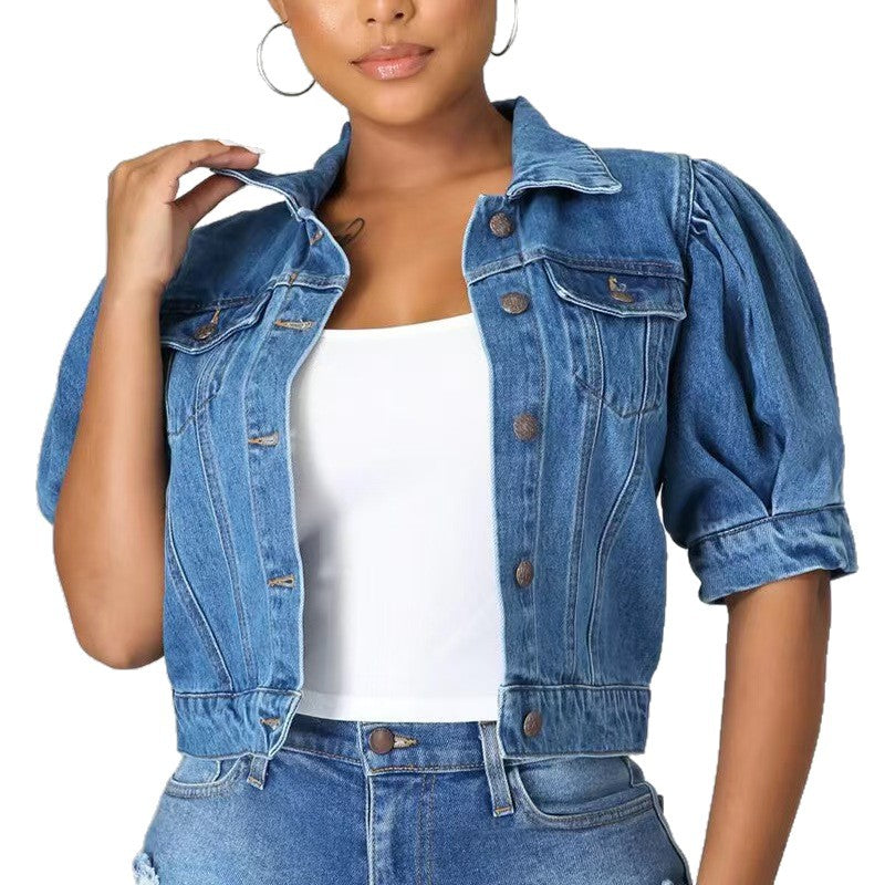 Amazon denim jacket women's hot selling new denim jacket short sleeve fashionable retro denim outerwear cross-border