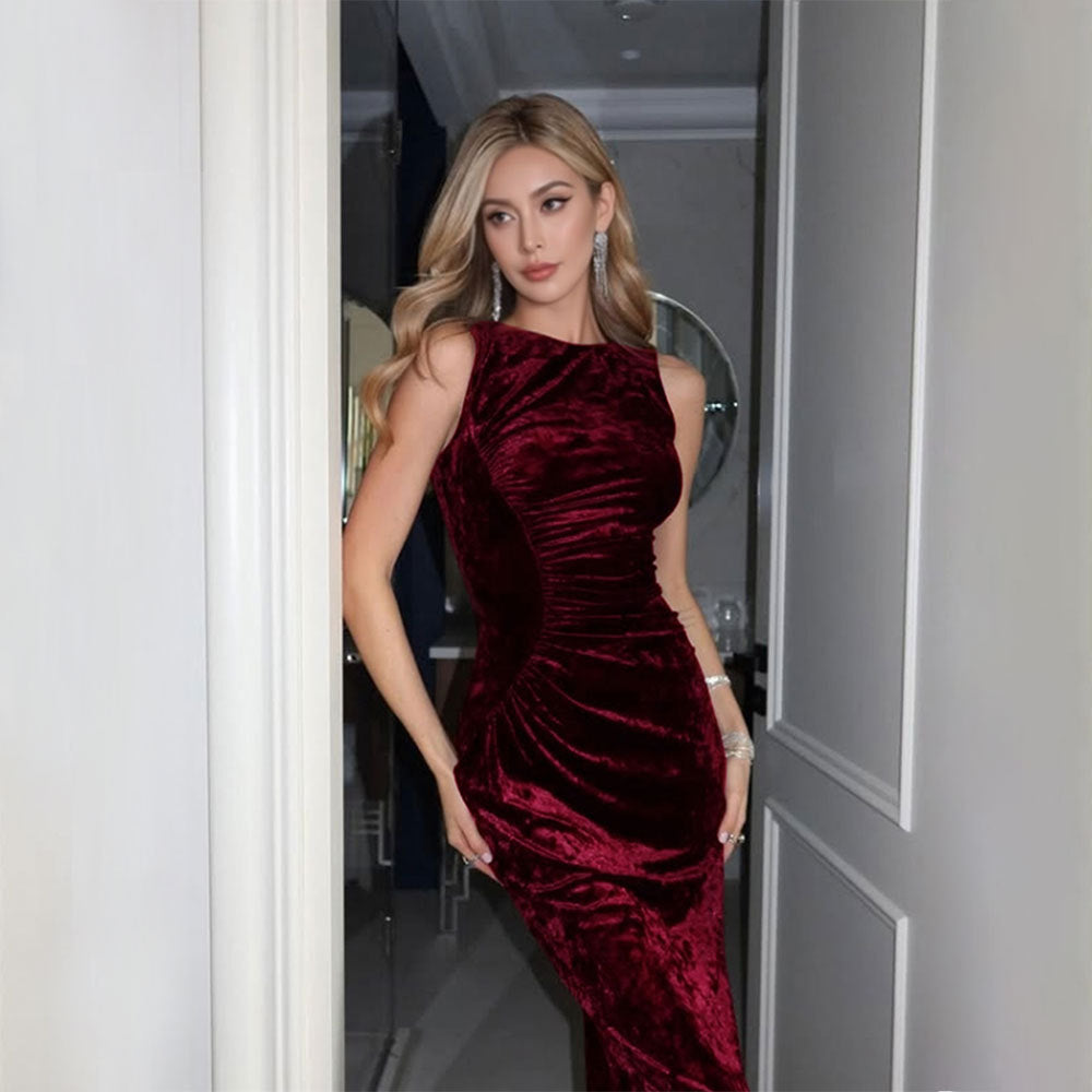 european and american women's fashion french chic dress summer high-end elegant velvet midi dress
