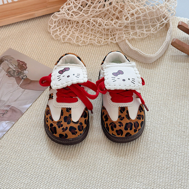 Kitty flip-top German training shoes 2025 spring and autumn new Korean version of girls' leopard print Forrest Gump shoes soft-soled sports shoes