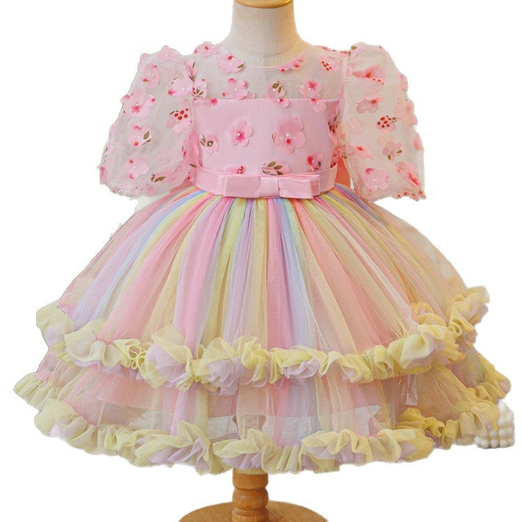 European and american new princess dress mesh print rainbow floral girl's wedding dress party baby's first birthday christening gown