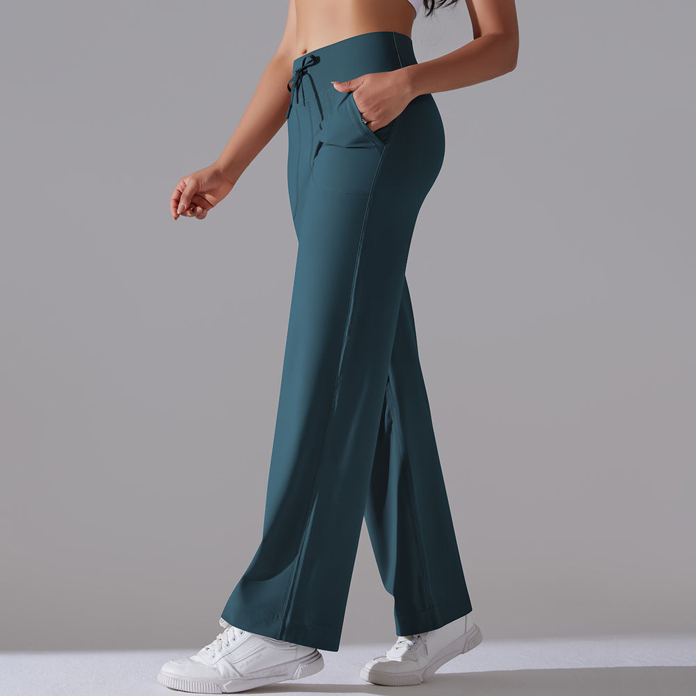 New arrival brushed breathable high waist elastic loosecasualflap pocket pants wide leg nine-point pants running fitness yoga bottom pants