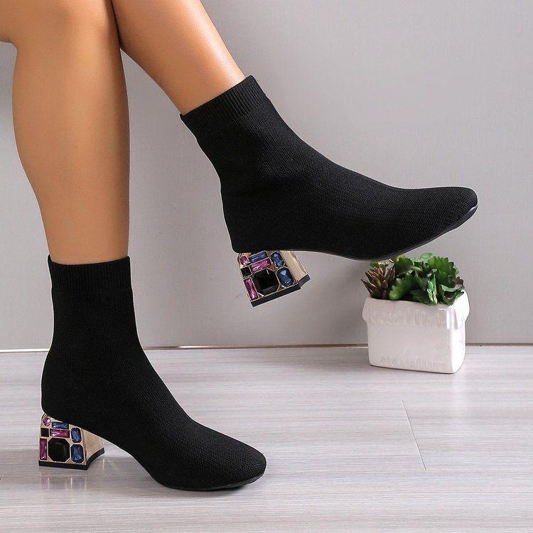 Fashion low-top elastic boots fall and winternew arrivalfashion thin boots rhinestone thick heel fly woven square toe short boots women's shoes