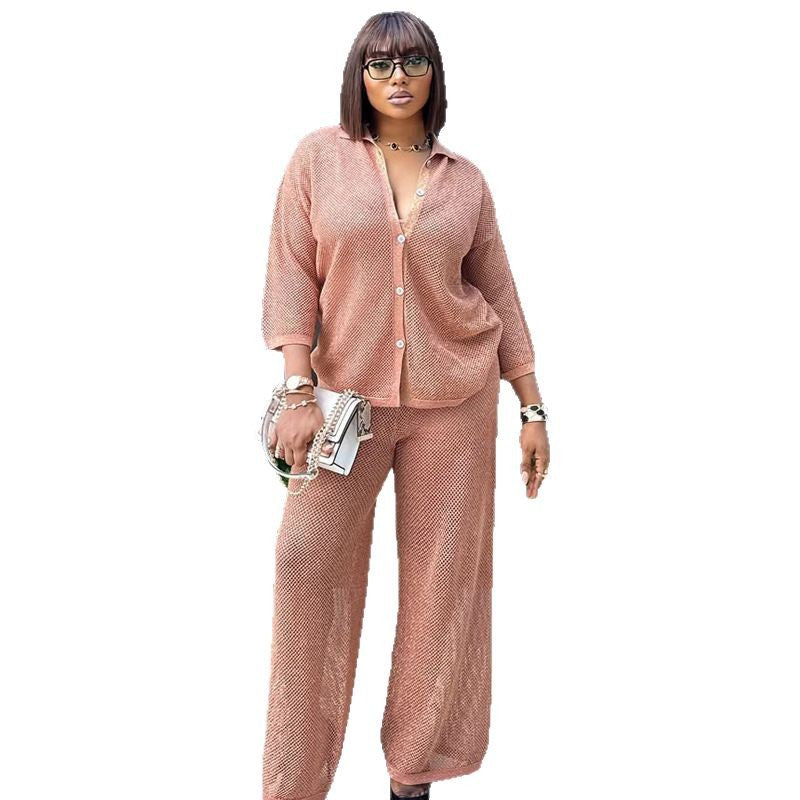 European and American large-size fashion lapel knitted cardigan wide-leg trousers two-piece set African foreign casual suit women's summer