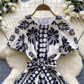European and american style high-end printed bubble sleeve dress - women's summer tie-waist design, elegant petite midi dress