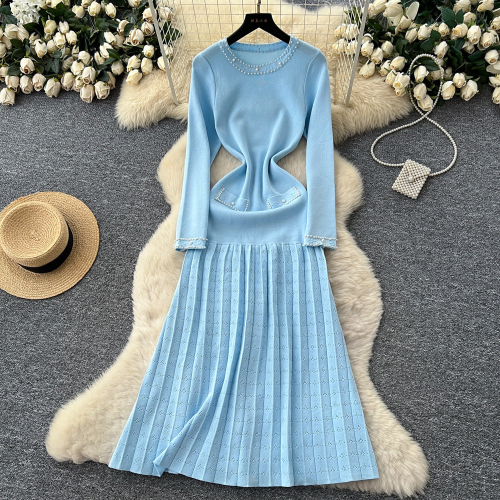 French style beaded round neck long sleeve knitted dress with cutout crochet detail and cinched waist - perfect for layering or as a long sweater dress