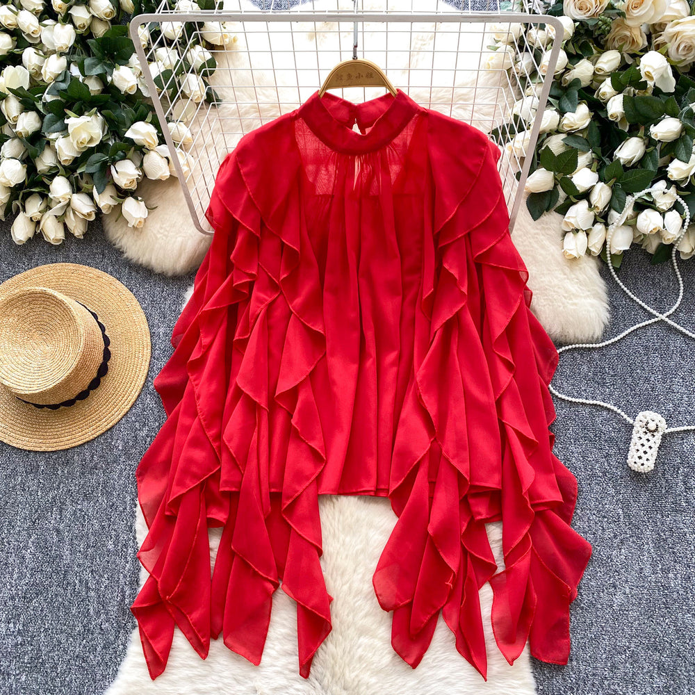 European and american fashion versatile ruffle trim chiffon blouse - women's  autumn lightweight loose fit slimming casual top