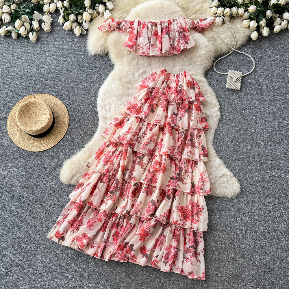 Pure desire style one shoulder floral cake skirt two-piece set women's summer romantic style slimmingelegant classy suit