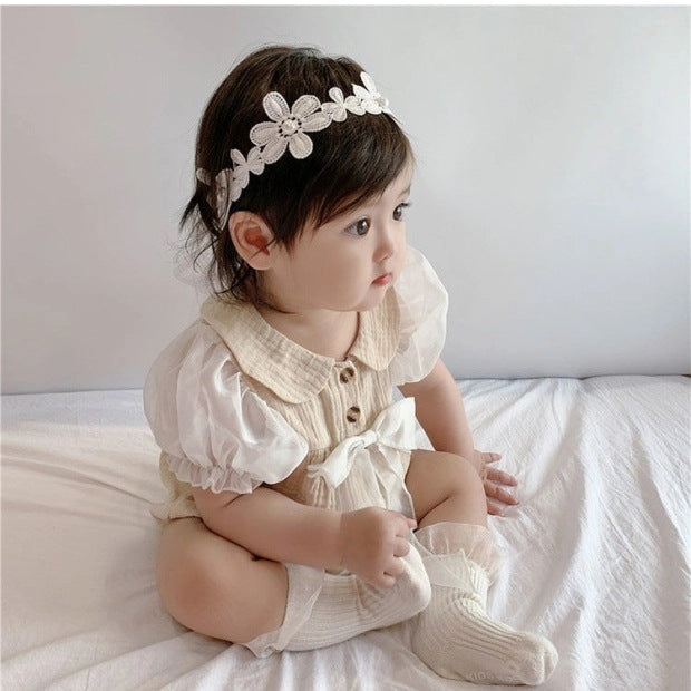 Summer gauze breathable bubble sleeve mesh bodysuit outfit with headband - fresh & chic short sleeve