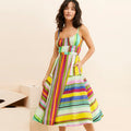 colorful stripes suspender dress bohemia vacation back cut out tassel strap flap pocket pants large swing skirt