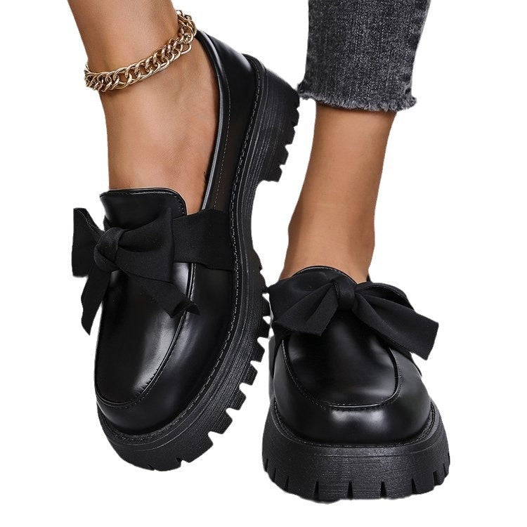 cross-border large size 35-43 black loafers women's niche bow thick bottom small leather shoes retroflats women