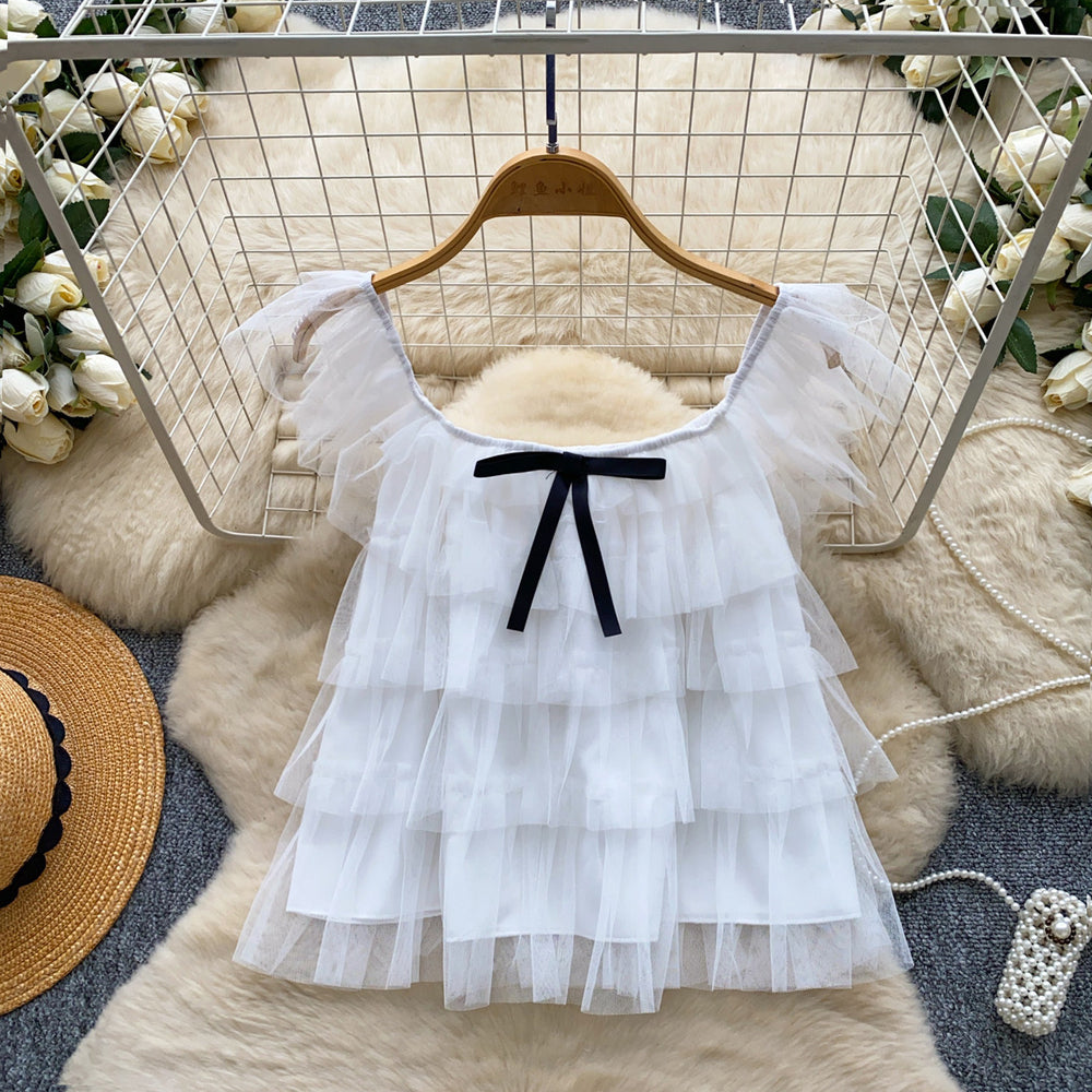Korean style sweet bowknot layered mesh blouse - women's summer chic & youthful short-sleeve top