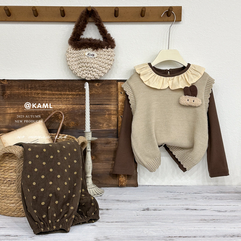 Girls' outfit:  autumn new arrival - stylish and chic doll collar long-sleeve knitted sweater vest with versatile polka dot pants