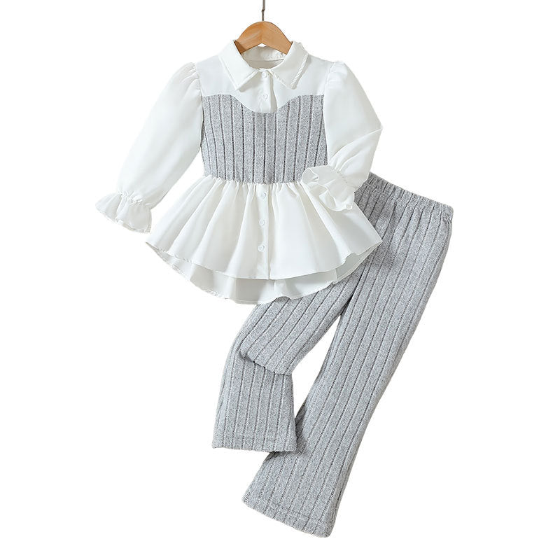 Autumnew arrivalkidsshirtvest lacetwo-piece setfashiontweed stylepantsgirllong sleevesk-stylesuit