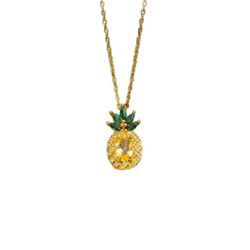 Titanium steel necklace women's new fanta stone yellow diamond pineapple creative fruit green diamond earrings open ring set accessories