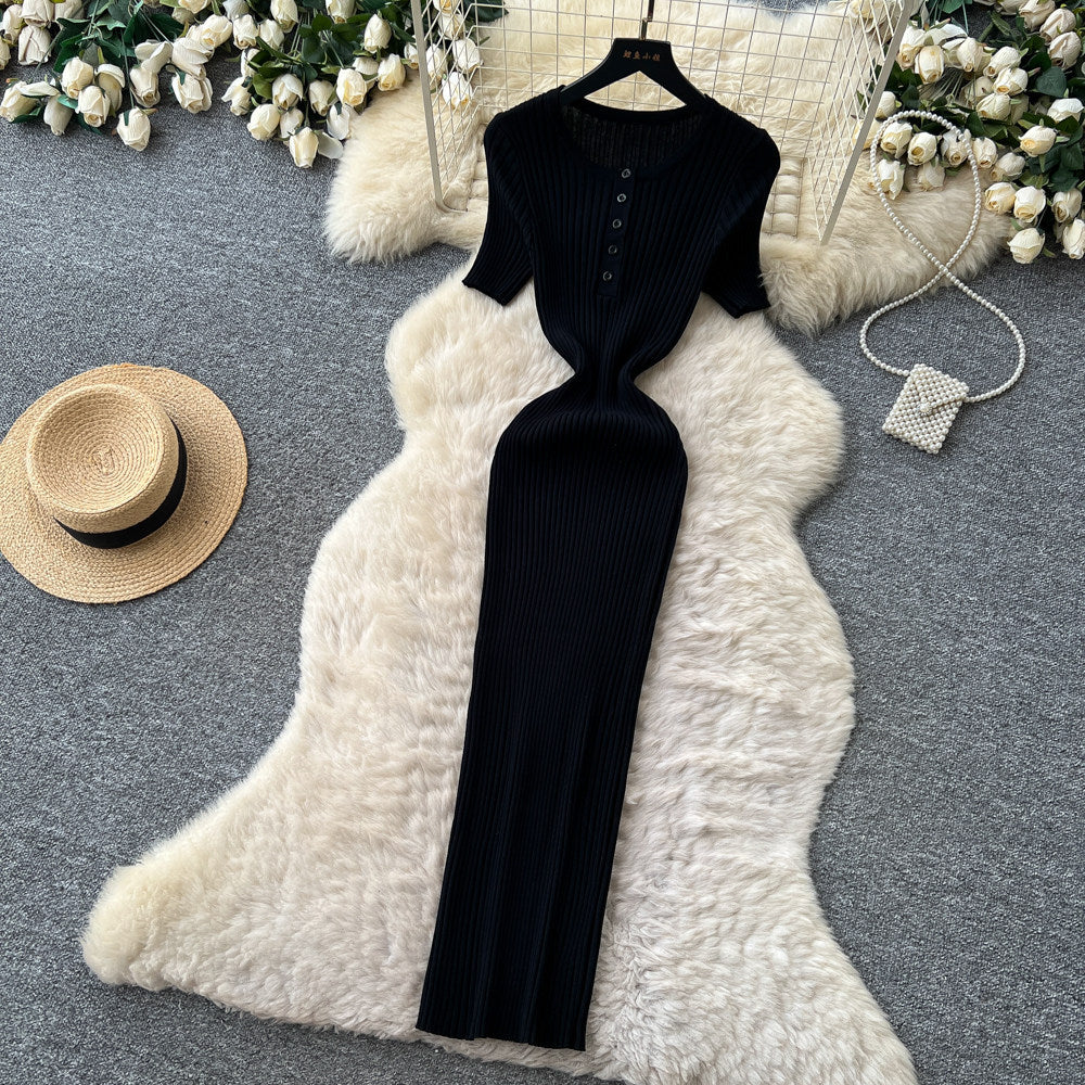 K-styleknittingcasual pure desire style dress women's summer short-sleeved waist silm a-line long skirt light mature elegance style