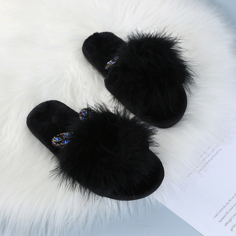 Furry slippers for women outwear 2024 fall and winter new arrivalk-stylepopular ostrich hair thick sole lazy one-word furry slippers