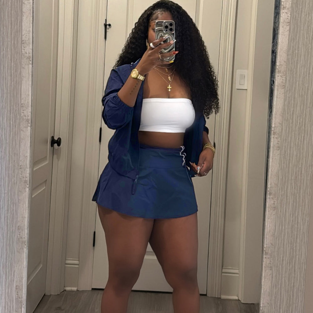 Long sleeves zipper contrast color stand collar jacket drawstring pleated culottes women's two-piece settwo-piece set outfit