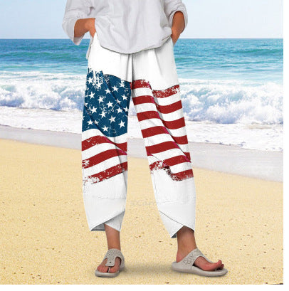 new  wide-leg pants: relaxed fit, cotton linen blend, printed, pocketed, elastic waist, cropped length - women's - in stock