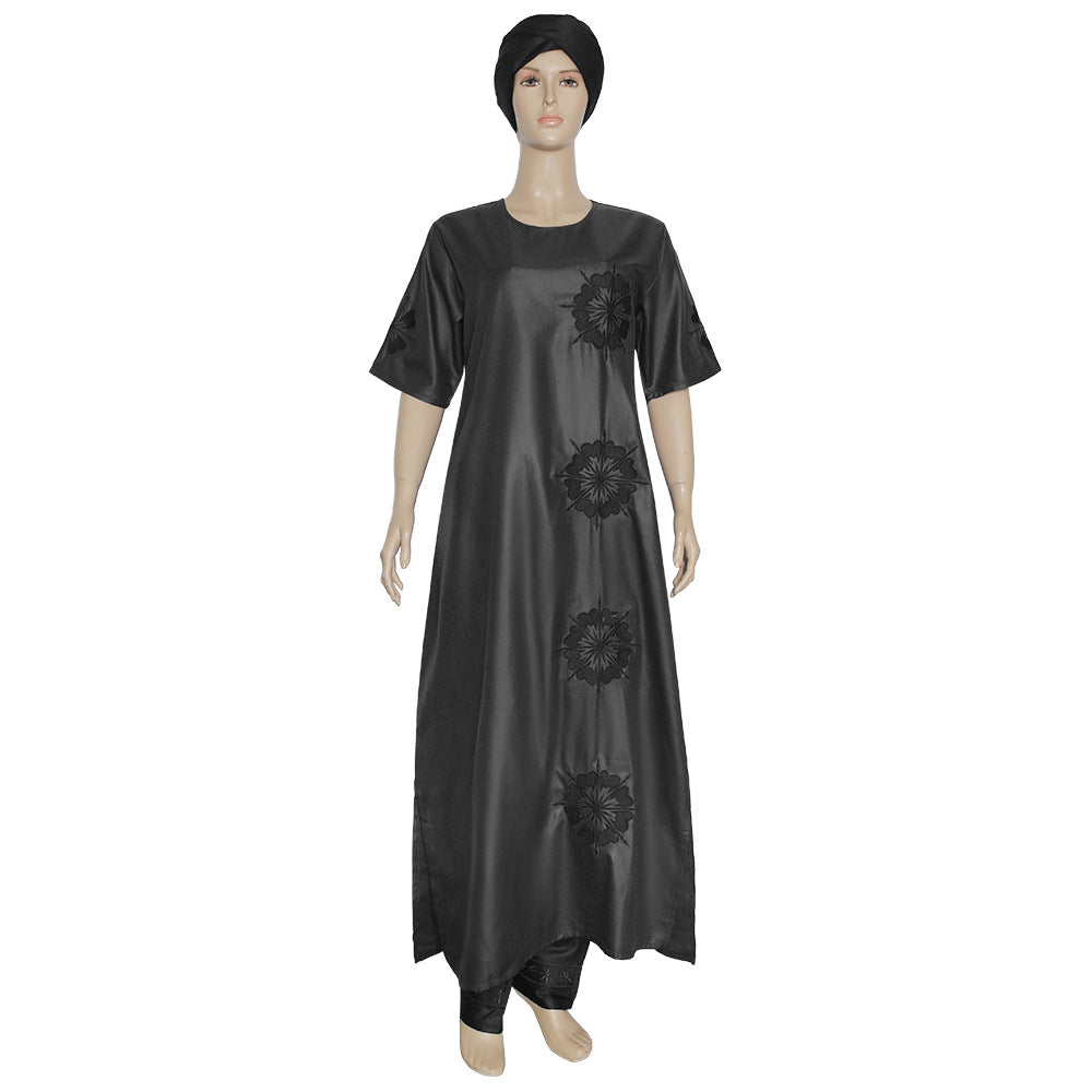 Wholesale   two-piece set short sleeve matte fabric dress with headscarf maxi dress plus size women's