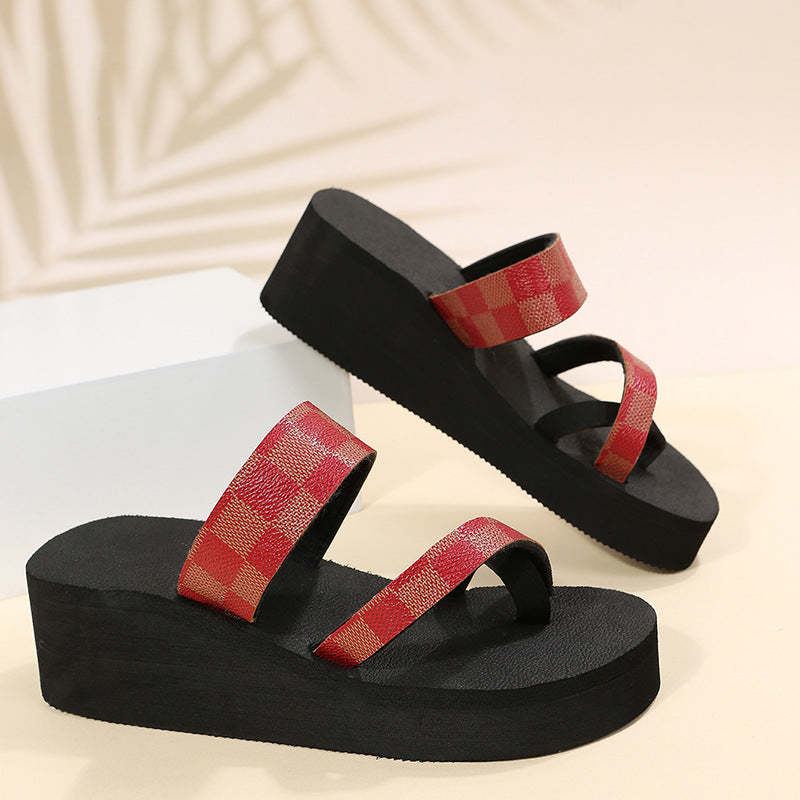 2024 korean style spring/summer new fashion plaid flip-flops, thick-soled beach sandals, women's slippers