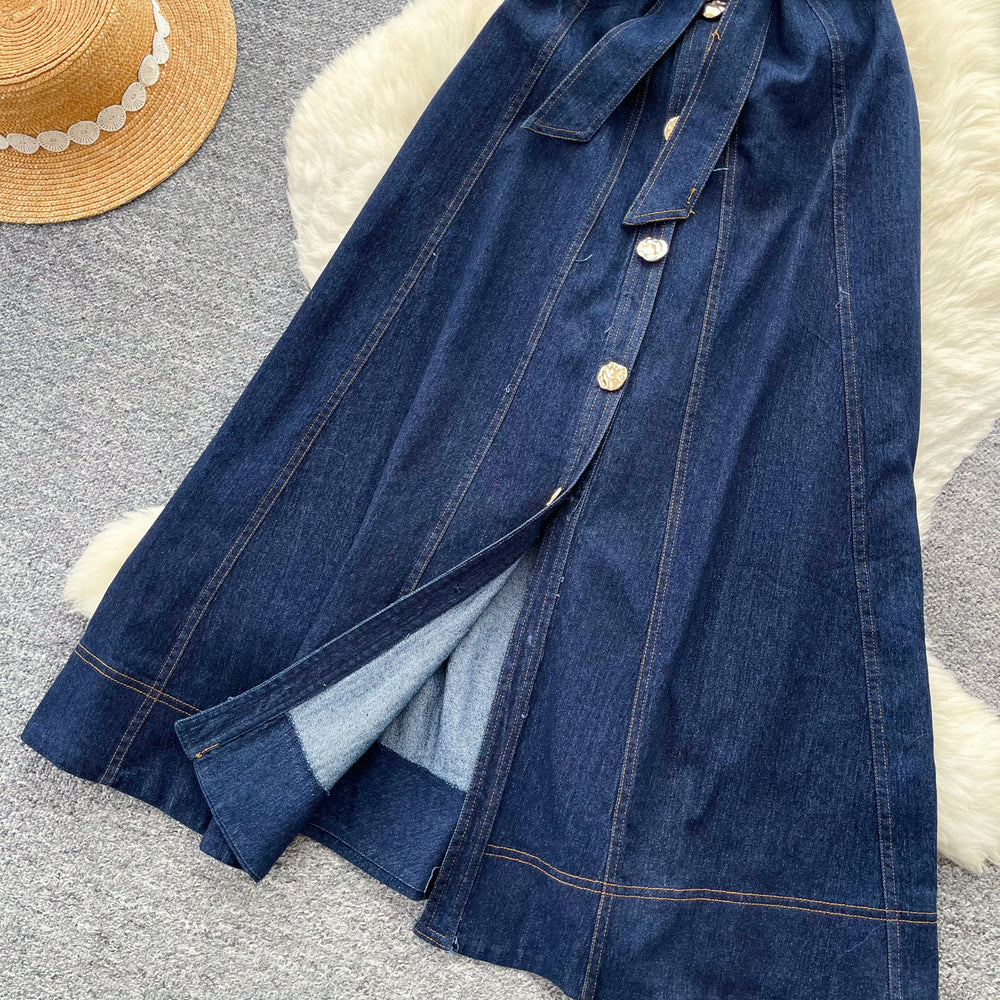 Vintage denim cami dress - women's summer a-line maxi dress with button detail, tie waist, and commute-friendly design