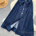 Vintage denim cami dress - women's summer a-line maxi dress with button detail, tie waist, and commute-friendly design