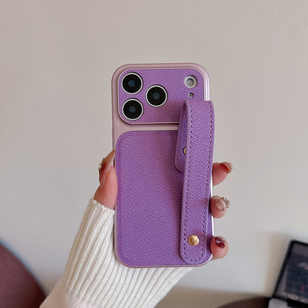 Suitable for apple 16promax to turn into 17 small v pattern plain leather wristband mobile phone case iphone17pro anti-fall case 14