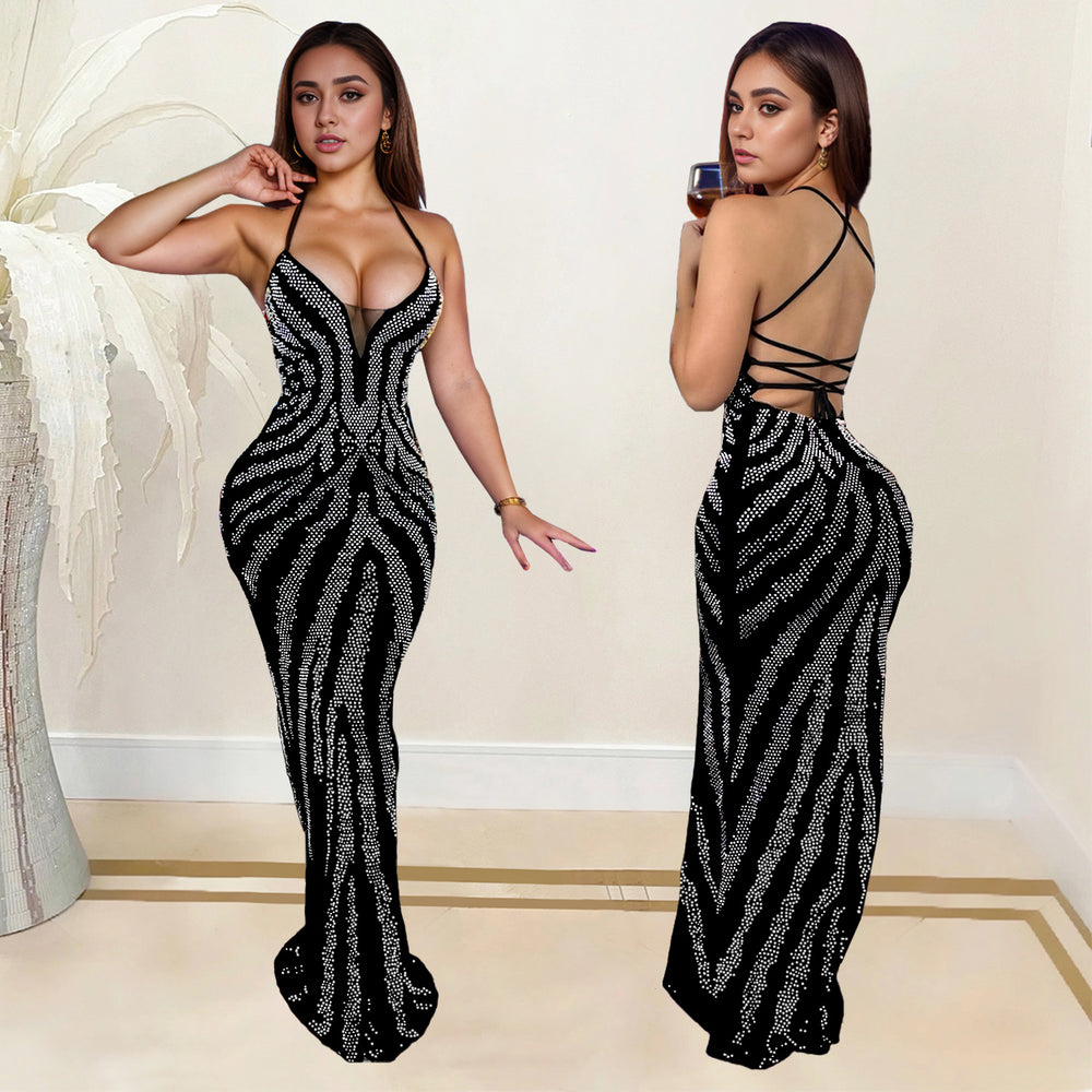 C7099 cross-border   independent station fashion fashion women's suspender hot diamond classy dress