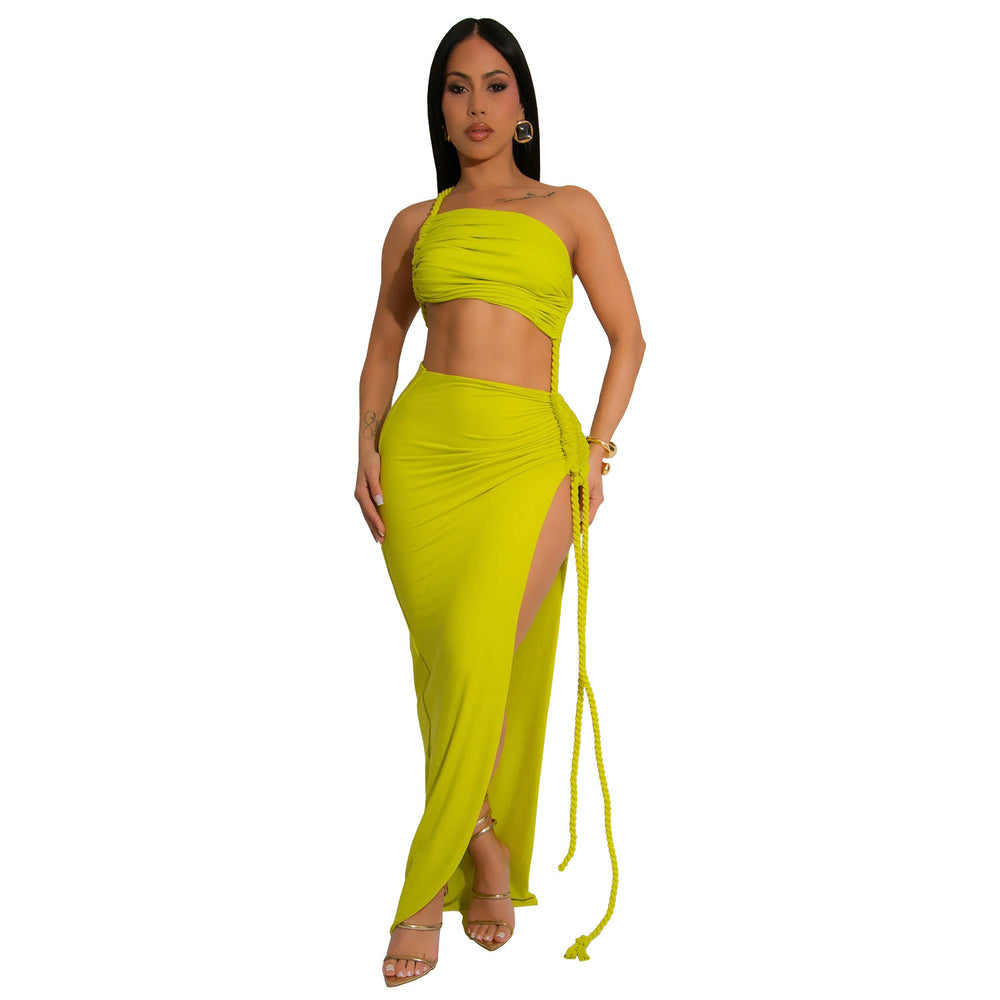 C7342 cross-border   fashion women's summer casual wrap chest side slit sexy long skirt