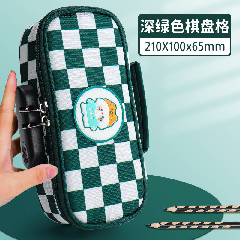Customized pencil case large capacity Oxford cloth checkerboard combination lock stationery box   wholesale can print logo