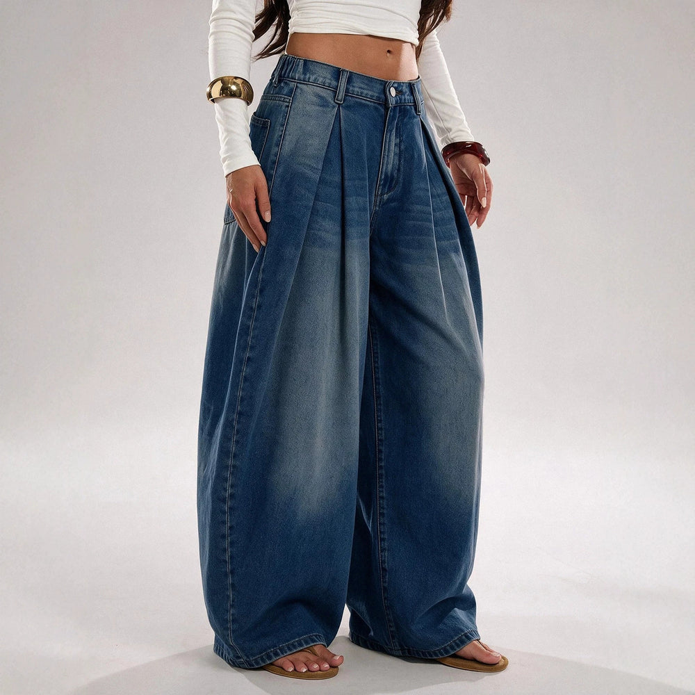 Fashionjeans women's high waist pleated wide leg jeans washed loose pleated large trouser legs draped denim pants