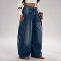 Fashionjeans women's high waist pleated wide leg jeans washed loose pleated large trouser legs draped denim pants