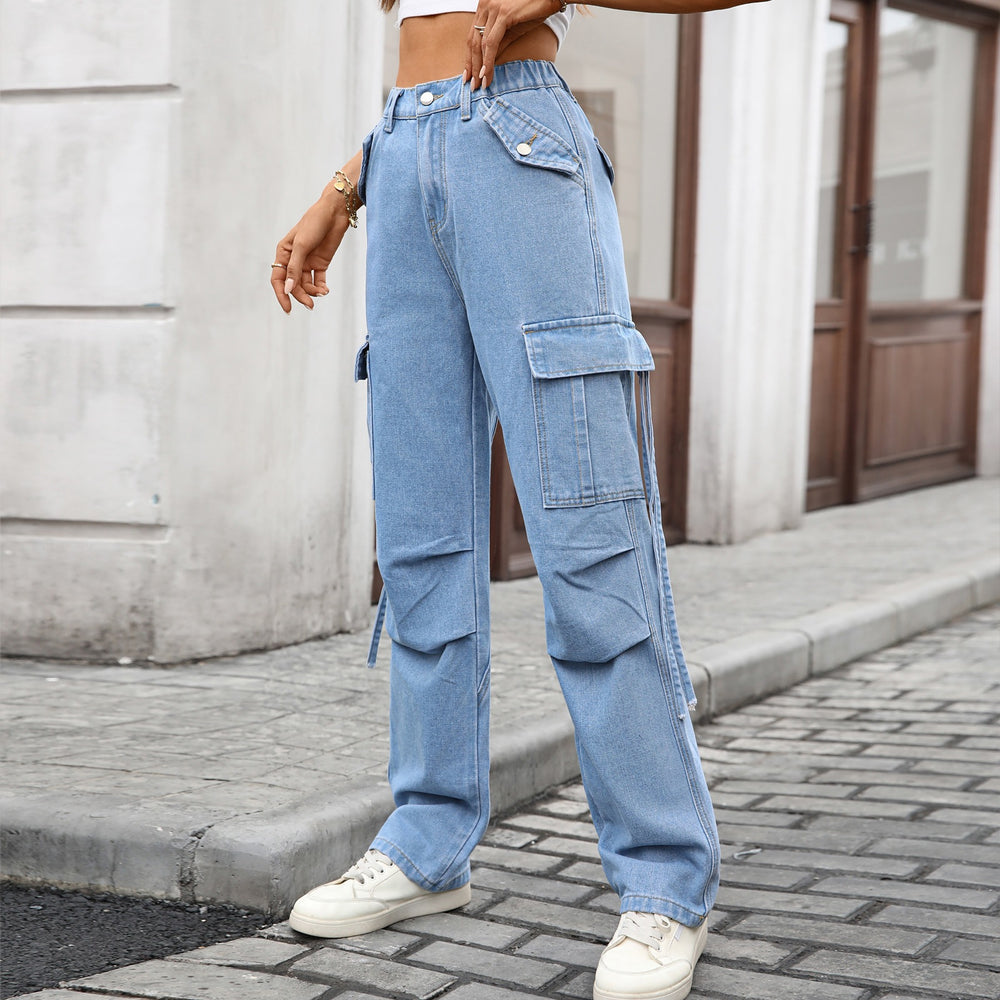European and american cross-border women's clothing spring & fall new arrival  independent station washed overalls streamer denim casual pants pants