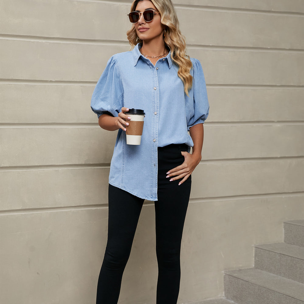european and american women's apparel cross-border trade: new elasticated princess sleeve denim shirt casual top for  and