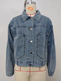 European and american cross-border e-commerce  new arrival: turn-down collar long sleeve metal button rivet washed denim long sleeve jacket for women