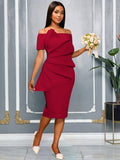 fashion off-shoulder sexy party dress stereo pleated rufflesilmelegance hip skirt dress