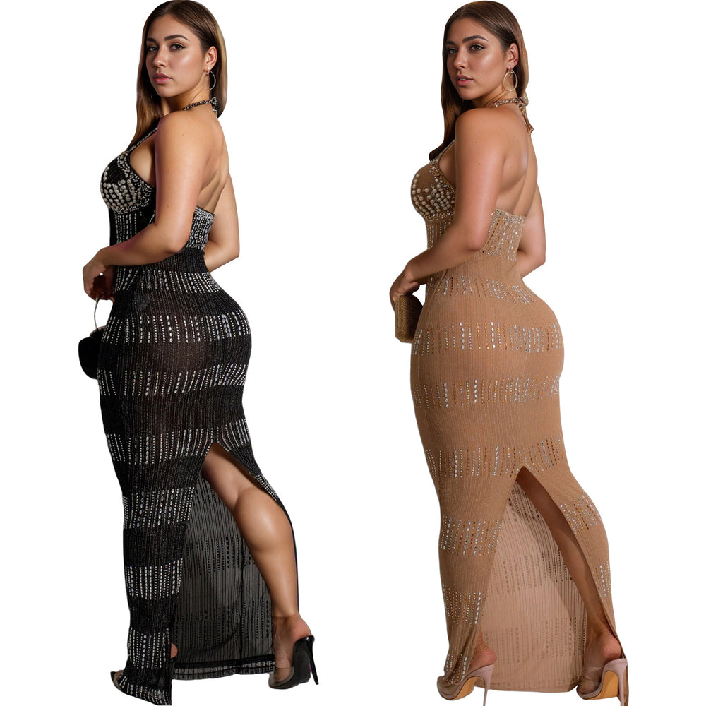 C7075 cross-border   independent station fashion women's lace hot diamond deep v sleeveless dress