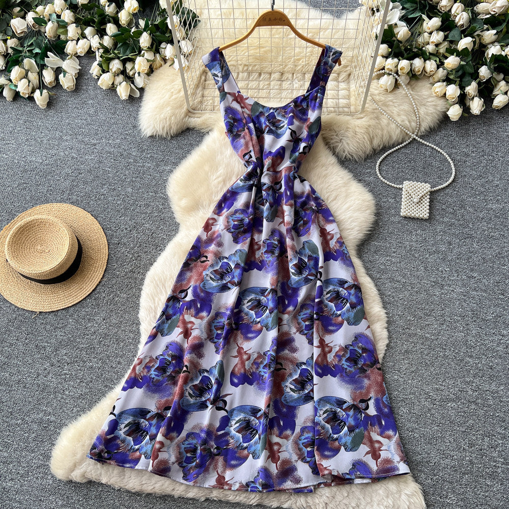 French riviera style red floral print sleeveless dress - women's summer korean high-waisted a-line slimming maxi dress