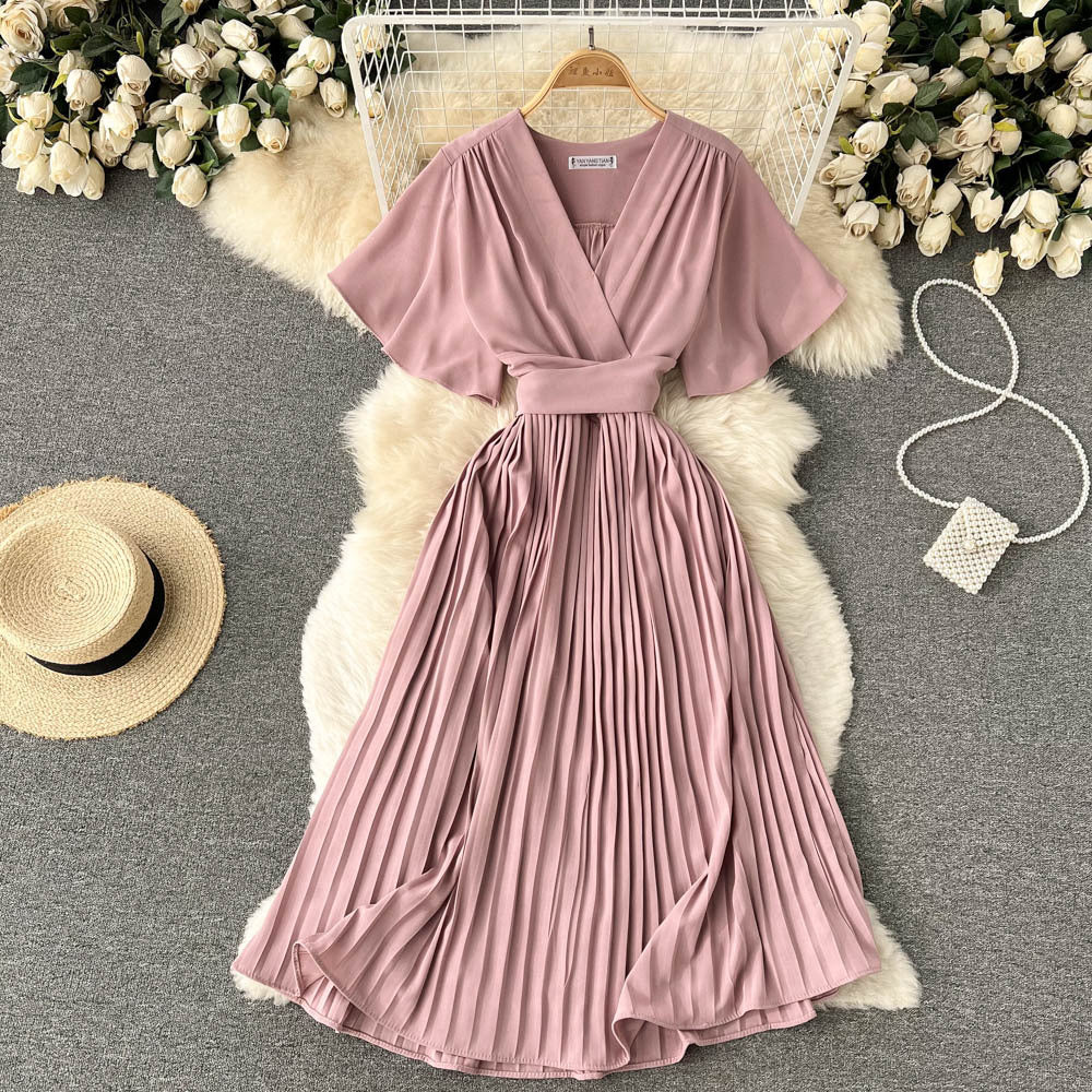 French pleated silmlong holiday style chiffon pleated long skirt pure colorelegantv necknew arrivalfrenchdress
